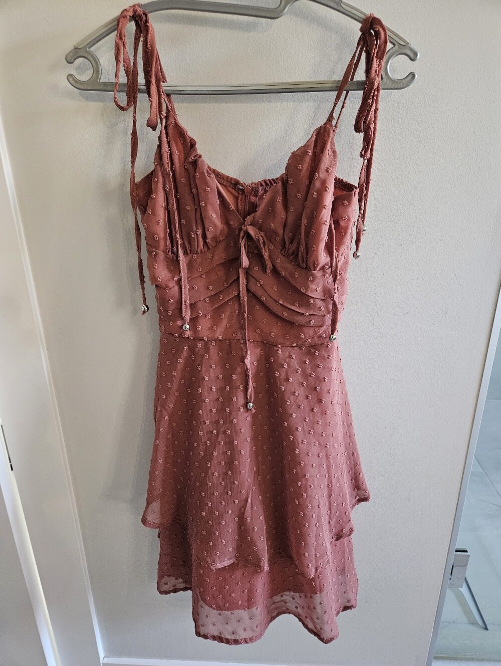 Tie-Shoulder Textured Mini Dress in Dusty Rose